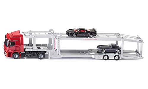 siku 3934 Camión de transporte de coches, Incl. 2 coches de juguete, Semirremolque desmontable, 1:50, Metal/Plástico, Rojo/Plateado