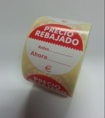 500 Etiquetas PRECIO REBAJADO. Antes Ahora. €. En papel blanco e impresas en rojo, de 50 mm. de diámetro. (se suministran en 1 rollo)