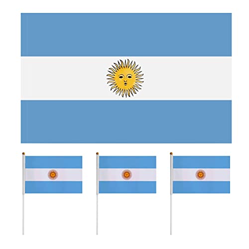 1 pieza de bandera nacional argentina (90*145 cm) 3 piezas de bandera argentina con poste de cuerda (14*21 cm) resistente al agua y protector solar utilizado para eventos deportivos y celebraciones