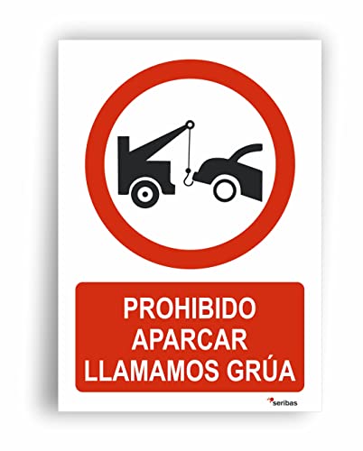 Cartel Prohibido aparcar llamamos grua - Plastico PVC 0.7mm Resistente y Duradero - Medidas 21 x 30 cm - Señal Prohibido Aparcar para interior y exterior - Señalización para restringir accesos.