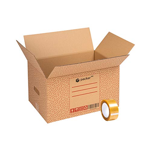 packer PRO Pack 20 Cajas Carton para Mudanzas y Almacenaje Ultra Resistentes con Asas y Cinta Adhesiva 430x300x250mm