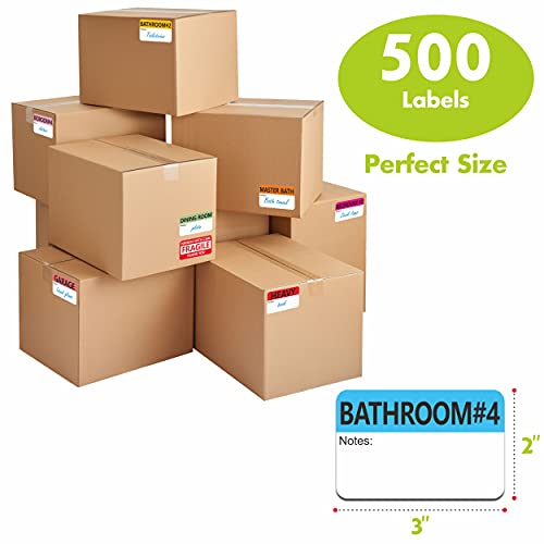 500 Etiquetas Preimpresas Codificadas por Color para Cajas de Embalaje de Mudanzas con Áreas de Notas Grabables, 20 Diseños, 5 x 7,6 cm