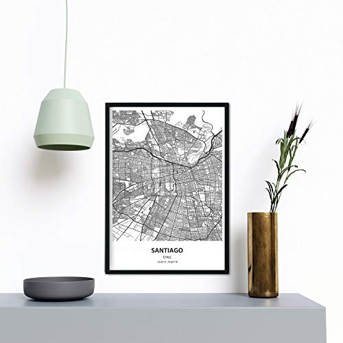 Nacnic Poster con mapa de Santiago - Chile. Láminas de ciudades de Latinoamérica con mares y ríos en color negro. Tamaño A4