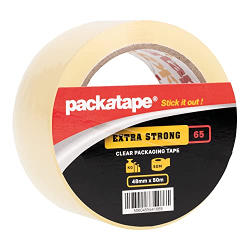 Packatape Rollo de cinta de embalaje transparente extrafuerte, 48 mm x 50 m, ideal para paquetes, embalajes, cajas de cartón de almacenamiento