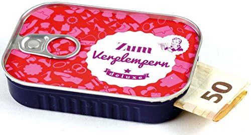 Scherzboutique “Zum Verplempern” - Alcancía para regalar dinero en forma de lata de sardinas, incluye pegatina con mensaje individual, ideal para bodas, confirmaciones, mudanzas o como vales de dinero