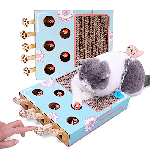 Petific Rascador 3 en 1 de cartón corrugado para gatos, almohadilla para rascar gatos con juego Whack a Mole, divertido palo para gato, almohadilla para rascar multiusos, juguete para gatos